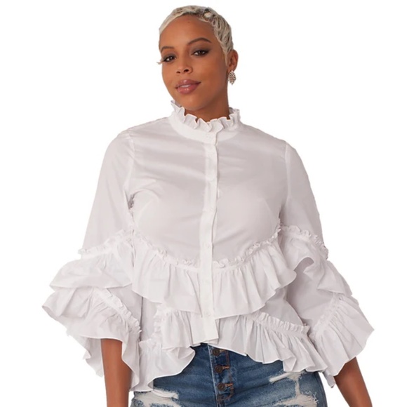 NEW White 100% Cotton Ruffle Top on sleeves and hem button front sz M - Picture 4 of 17